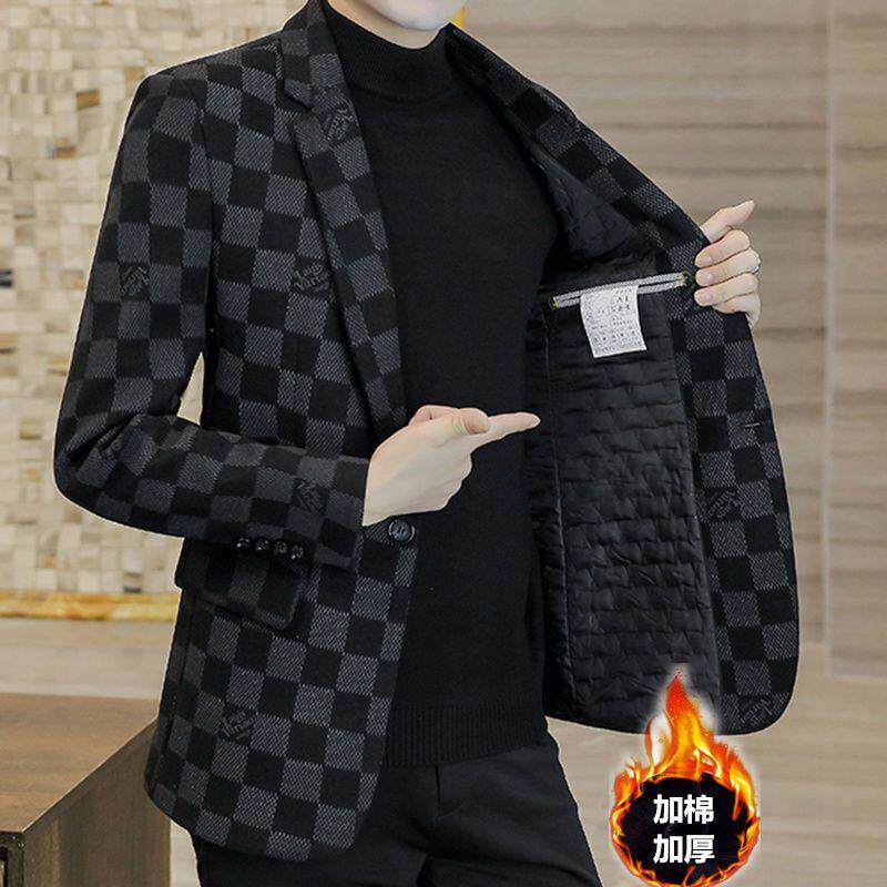 秋冬季加棉加厚男士西服韩版修身小西装2023新款休闲单西毛呢外套