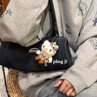复古豹纹毛领kt猫挂件可爱卡通中古Kitty公仔玩偶书包挂饰钥匙扣