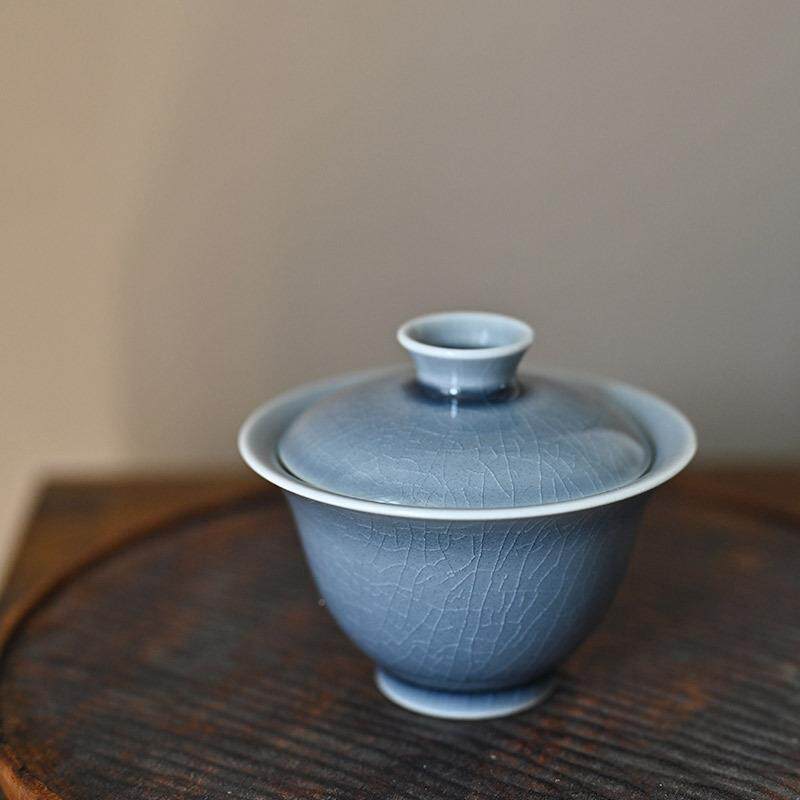景德镇纯手工蓝冰冰瓷裂开片两才陶茶盖YMJ碗功用夫茶具霁青家泡