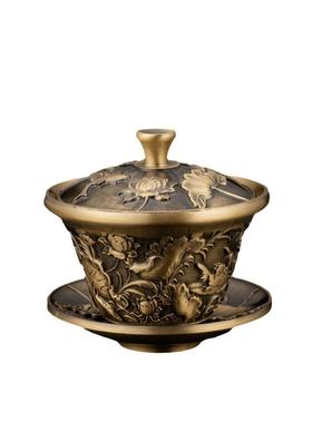 中式黄铜莲花龙凤杯三件套敬茶摆件盖碗龙凤铜茶碗工艺品百福茶具