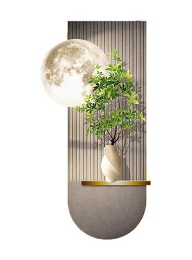 侘寂风绿植玄关饰画墙客高级SYE装厅背景发光灯画轻奢走廊过道挂