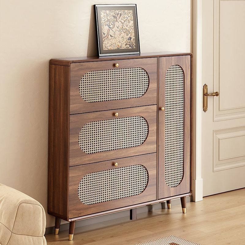 现代简约超薄藤编鞋柜实木框家用门口玄关柜入户翻斗收纳六翻鞋柜