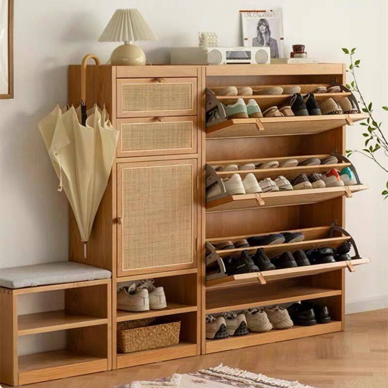 日式实木藤编鞋柜家用门口玄关小户型翻斗大容量北欧入户超薄收纳