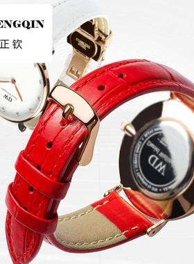 适用VETOO牛皮手表带 彩色真皮表带无扣手表配件女白色粉红色蓝色