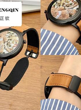 适用荣耀手表fit表带硅胶真皮质运动新款疯马皮纹腕带honor watch