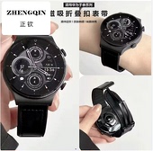适用华为watch3 4pro真皮手表带牛皮疯马皮纹gt2gt3pro磁吸折叠扣