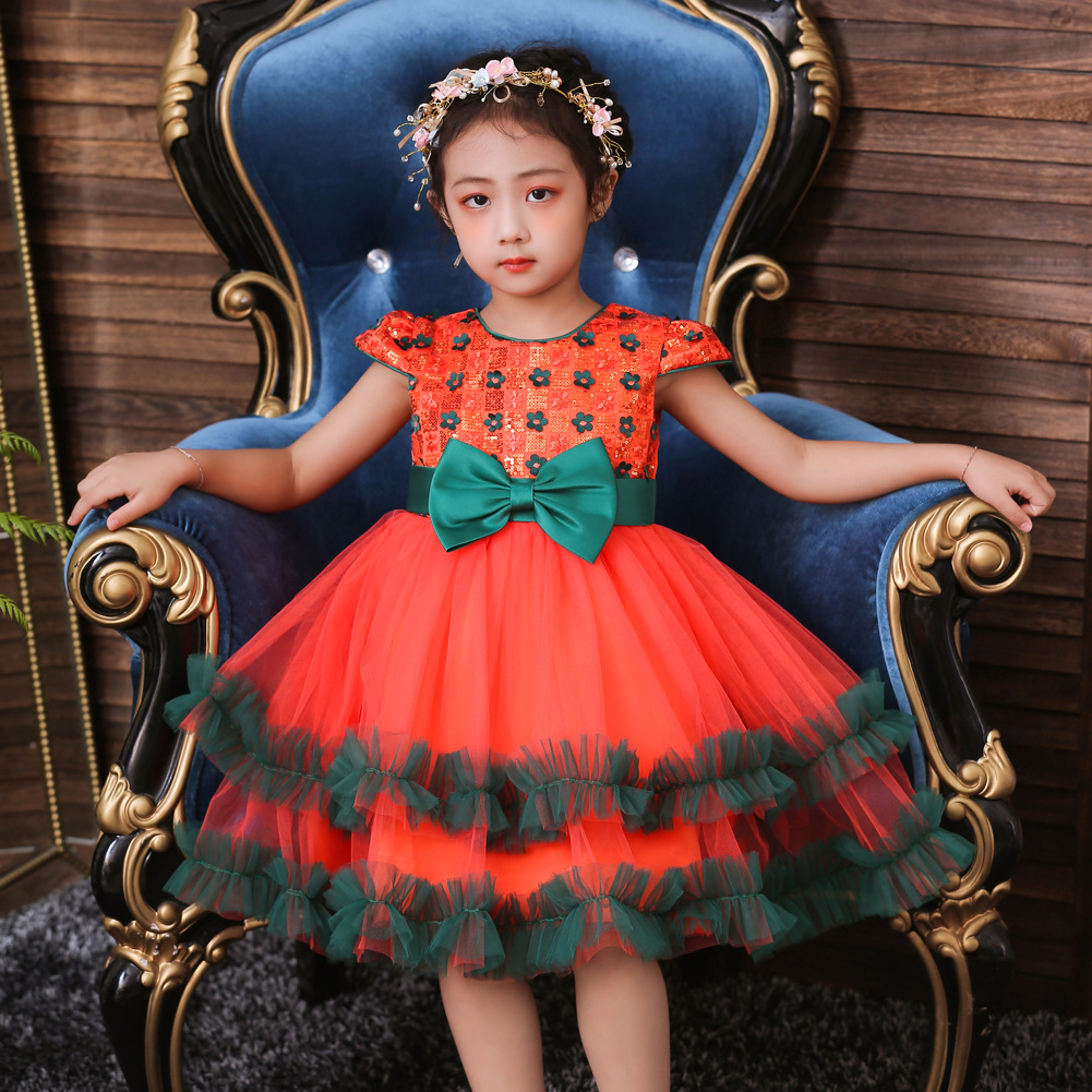 女童连衣裙万圣节cosplay服装儿童礼服亮片公主裙撞色网纱蓬蓬裙