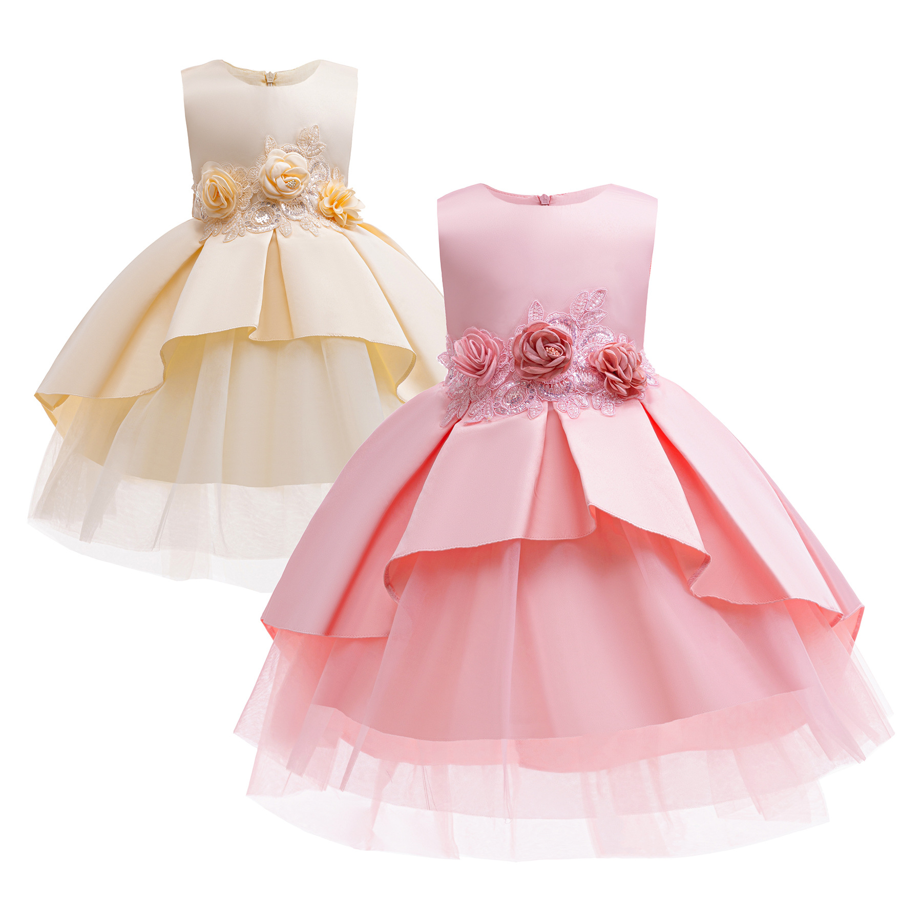 儿童背心连衣裙派对礼服公主裙3D立体绣花网纱花童裙女童鱼尾裙