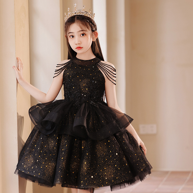 儿童礼服黑色晚礼服女童生日花童婚纱小女孩主持人公主钢琴