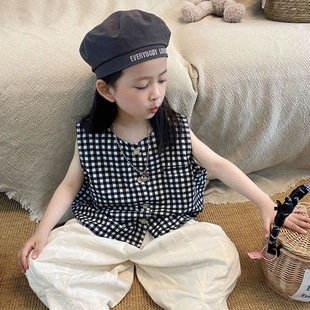 夏季 男女寶純棉格子坎肩兒童七分褲 夏裝 無袖 2025新款 女童套裝