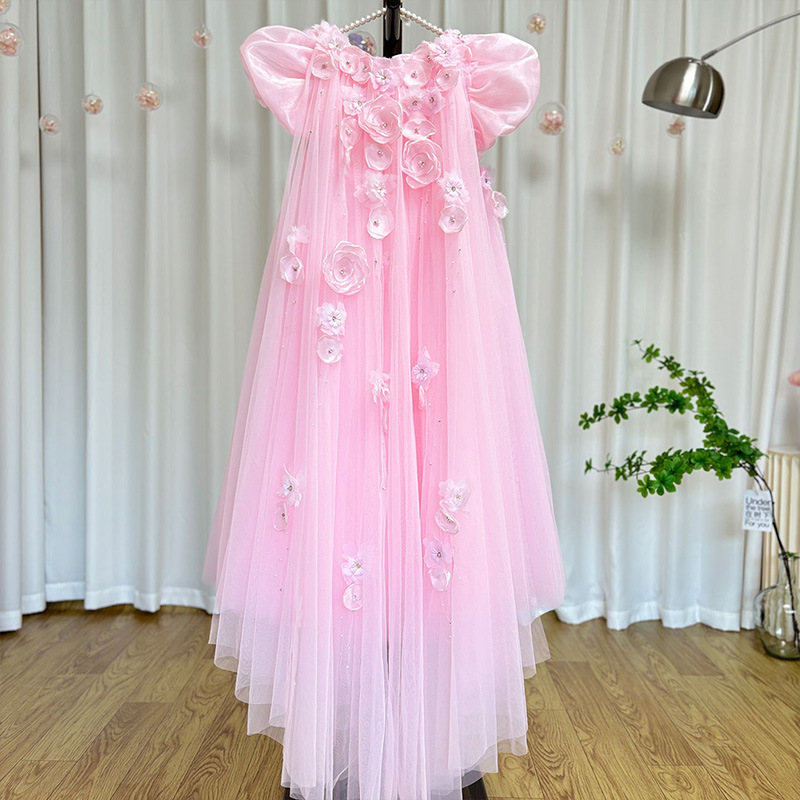 Children's dress粉色泡泡袖公主裙2024新款立体花朵儿童礼服