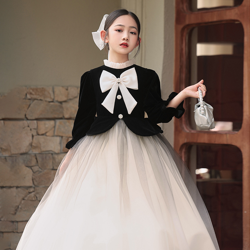 黑色晚礼服女童高端生日公主裙春季儿童小主持人钢琴演奏演出服