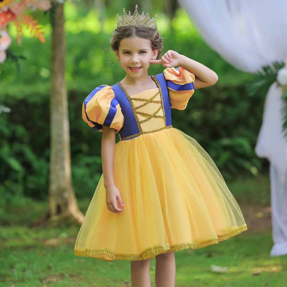 女童ins短袖黄色公主连衣裙六一儿童演出礼服蓬蓬童裙kids dress