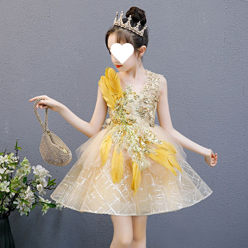 儿童礼服公主裙大童礼服六一演出蓬蓬金色羽毛洋气钢琴新款公主