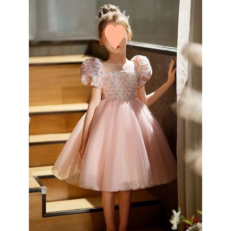 女童礼服高端儿童主持人钢琴演出服粉色女孩生日公主裙蓬蓬纱