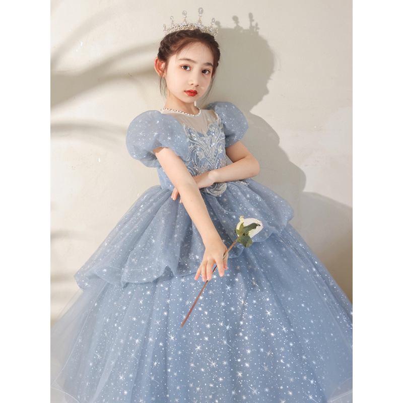 儿童晚礼服蓝色女童主持人女孩生日宴会公主裙走秀钢琴演奏