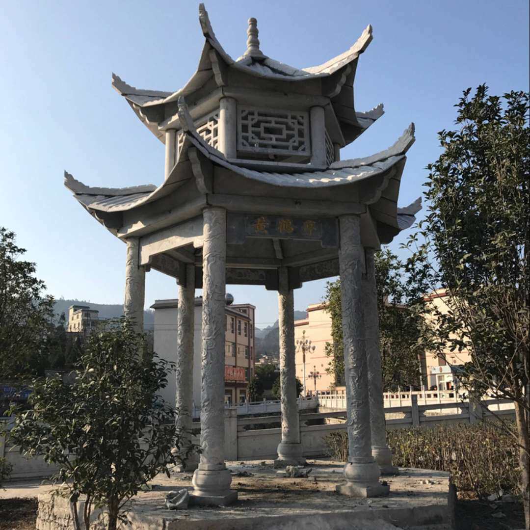 户外景观人工雕塑青石石雕凉亭双层六角门楼造型石亭子