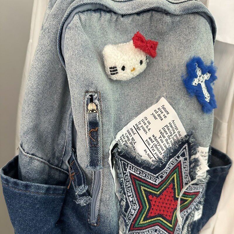 2022新款渐层牛仔双肩包女kittyHello大容量学生校园外出书包