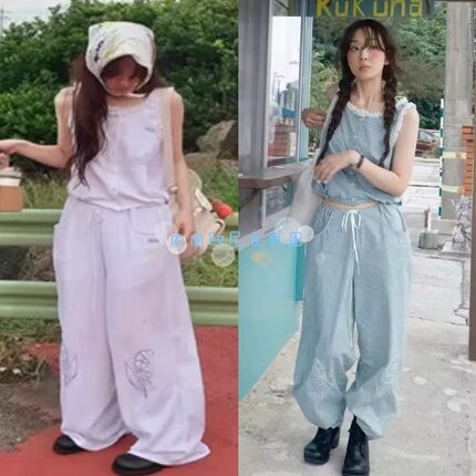 现货 fletta 2025夏季新款 韩系刺绣花边圆领背心/休闲长裤套装女