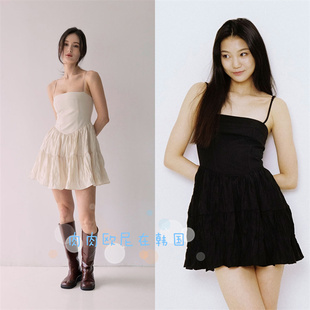 现货韩国小众notyourrose iu同款芭蕾风一字领褶皱抹胸吊带连衣裙