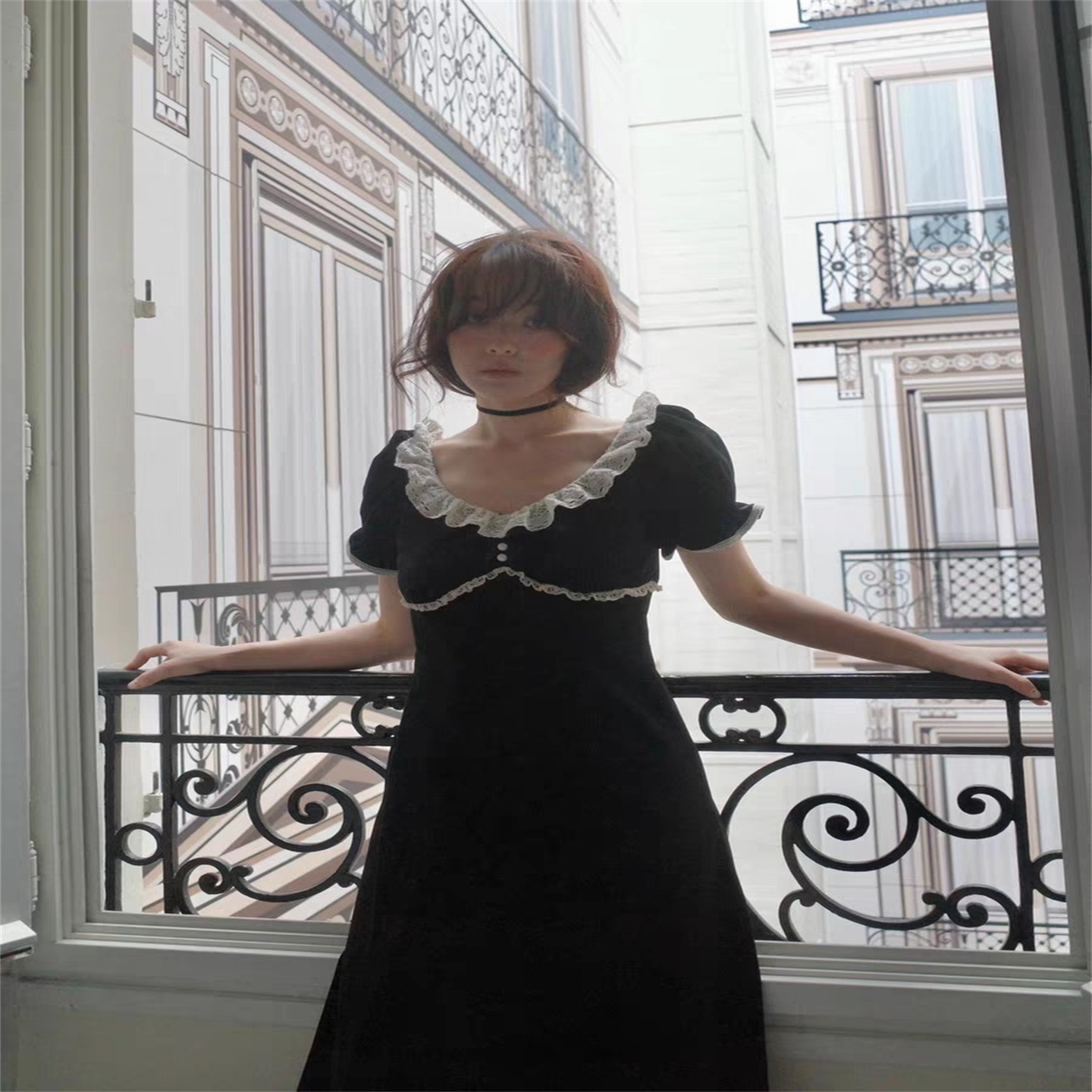 丝花边短袖丝绒长裙连衣裙