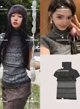 现货 韩国Verso章若楠同款复古气质提花高领短袖针织衫上衣毛衣女