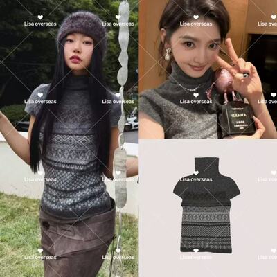 章若楠同款提花高领短袖针织衫