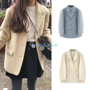 现货ounce 2025冬季新款 韩版温柔气质纯色单排扣毛呢西装外套女