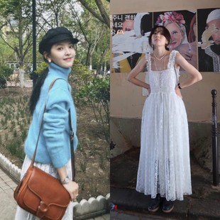 现货秒发 fletta 章若楠同款 法式花朵蕾丝高腰A字吊带连衣裙长裙
