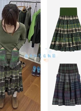 现货 韩国nocontent 金宝罗同款复古拼色碎花格纹半身裙文艺长裙