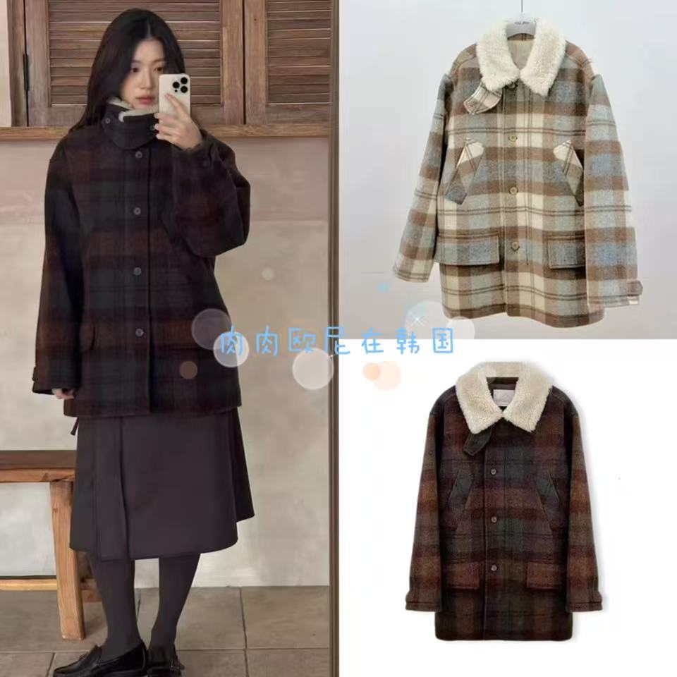 格子毛领单排扣中长款大衣外套