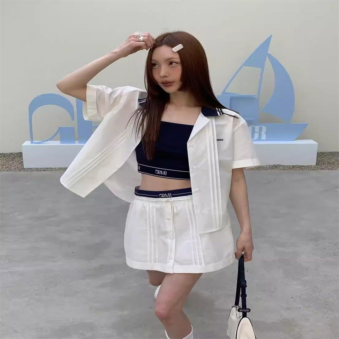 林娜琏同款拼色翻领衬衫半身裙