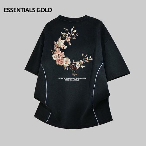 美式花卉字母印花反光线条短袖男