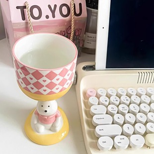 格子小熊高脚杯子礼盒雪糕杯情侣款生日礼物实用伴手礼新年情人节