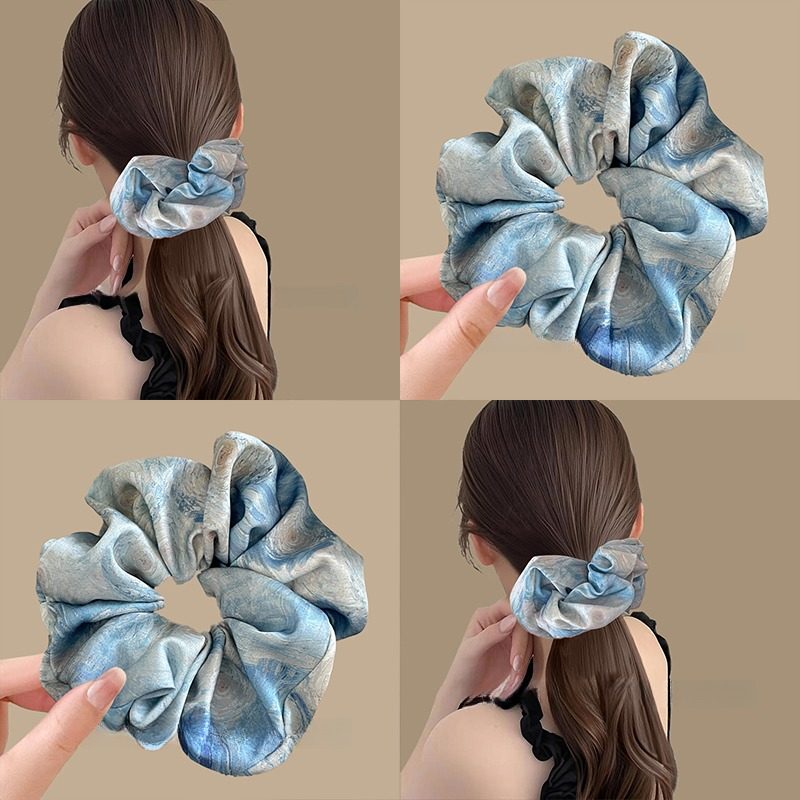 包配件拎环！静谧星空蓝~感油画缎面大肠发圈扎头发优雅头绳