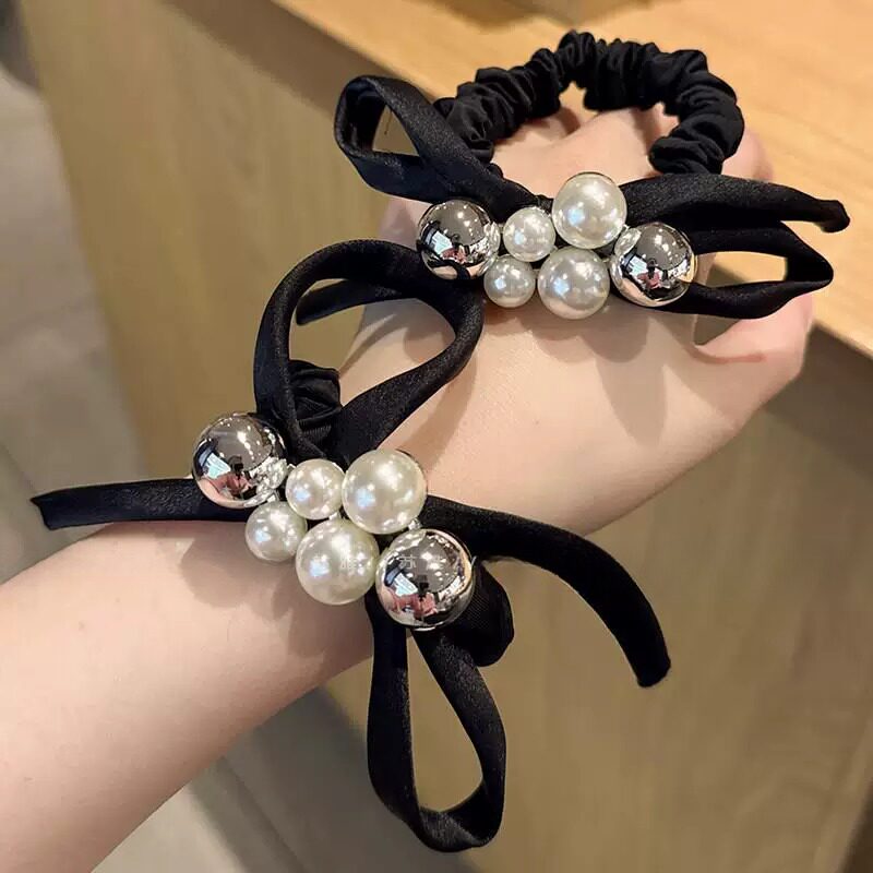 气质高级感珍珠发圈女复古小肠发绳百搭蝴蝶结头绳马尾丸子头发饰