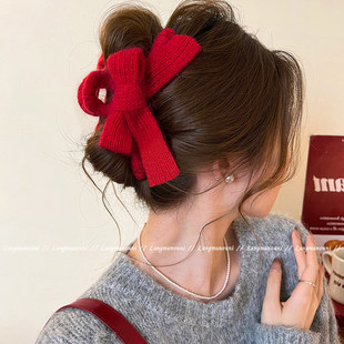 马年红色蝴蝶结本命抓夹女2025新款大号鲨鱼夹子发夹后脑勺头饰