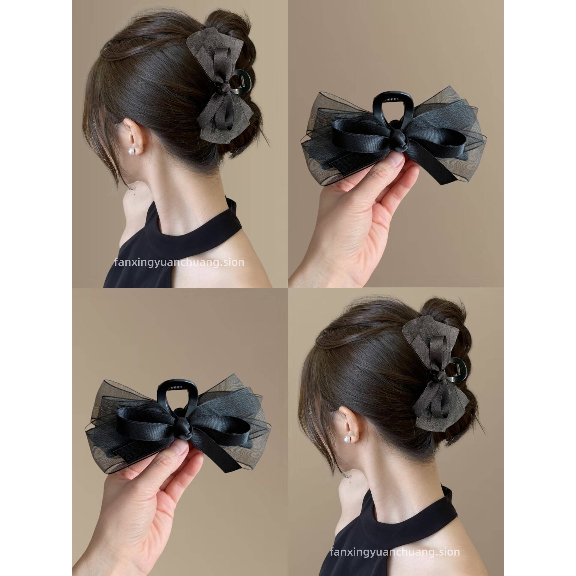 黑色网纱蝴蝶结抓夹发量多盘发夹子头饰高级感气质后脑勺鲨鱼夹女