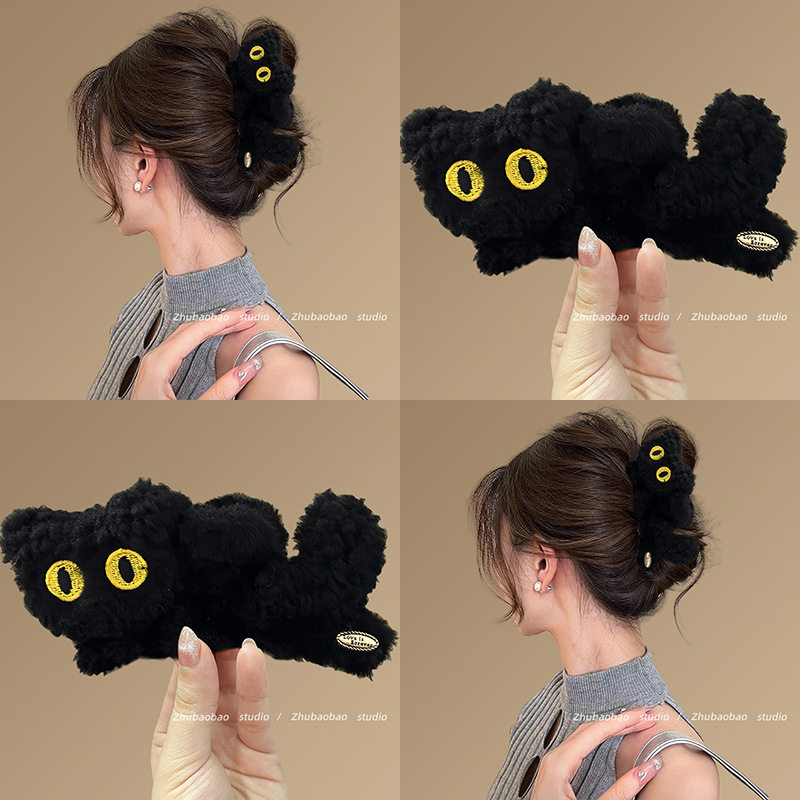 乖萌萌！甜美毛绒鲨鱼夹百搭洋气猫咪发夹百搭鲨鱼夹文化创意手环