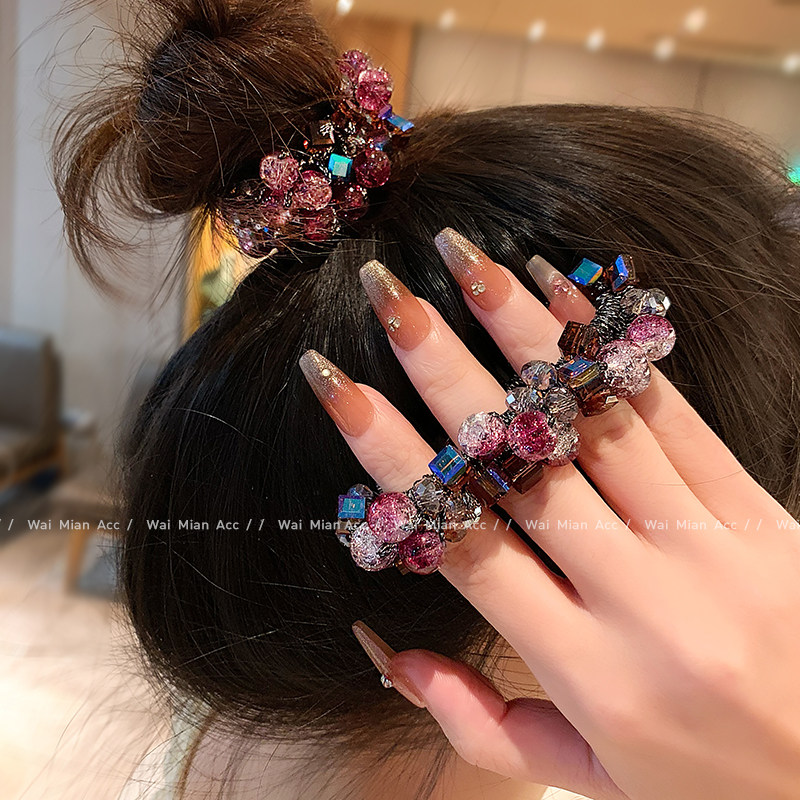 紫红色头花水晶发圈女马尾头绳20