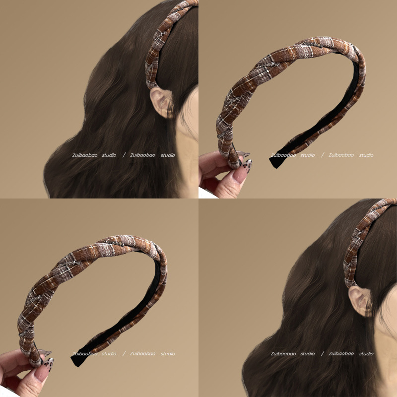 冬日主旋律~咖色格纹水钻发箍复古学院风麻花编织头箍气质盘发器