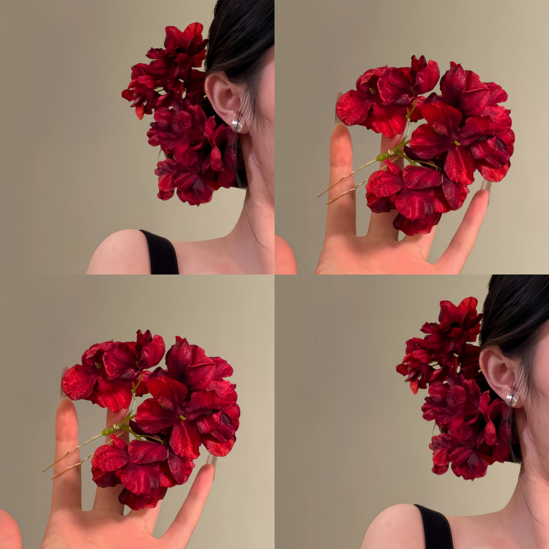 红色花朵新中式新娘汉服发钗旗袍