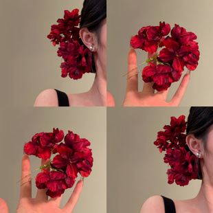 2025新款手作红色花朵新中式新娘发饰汉服发钗旗袍盘发新娘头花女