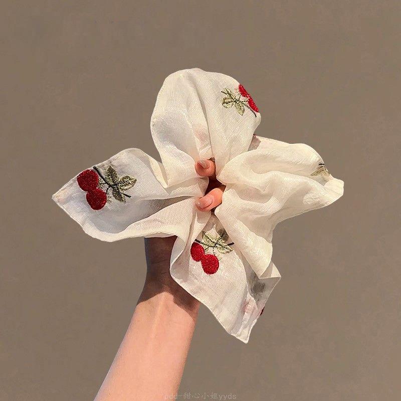 新款甜美樱桃刺绣网纱方巾大肠发圈女高级感少女心头绳扎头发发饰