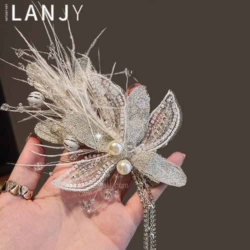 超仙羽毛水钻流苏发夹优雅蝴蝶