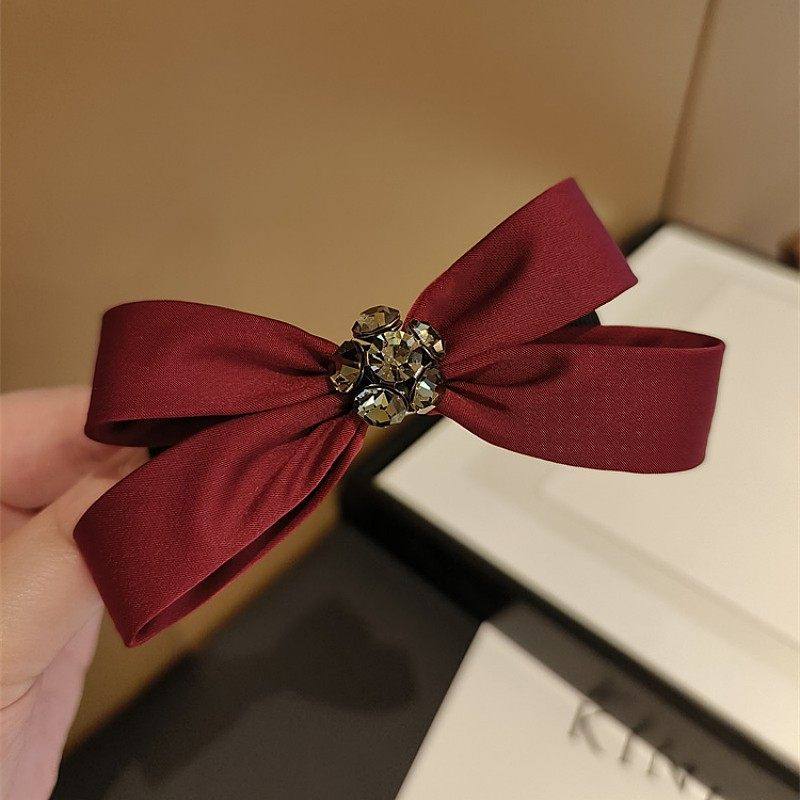 8CM弹簧夹酒红色蝴蝶结发夹水钻发饰韩国精致发卡子顶夹发圈头绳