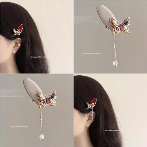 蝴蝶轨迹感闪钻流苏发夹子复古新