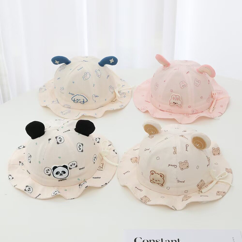 婴儿小熊帽子春秋季薄款男女童卡通渔夫帽可爱超萌防晒遮阳帽儿童
