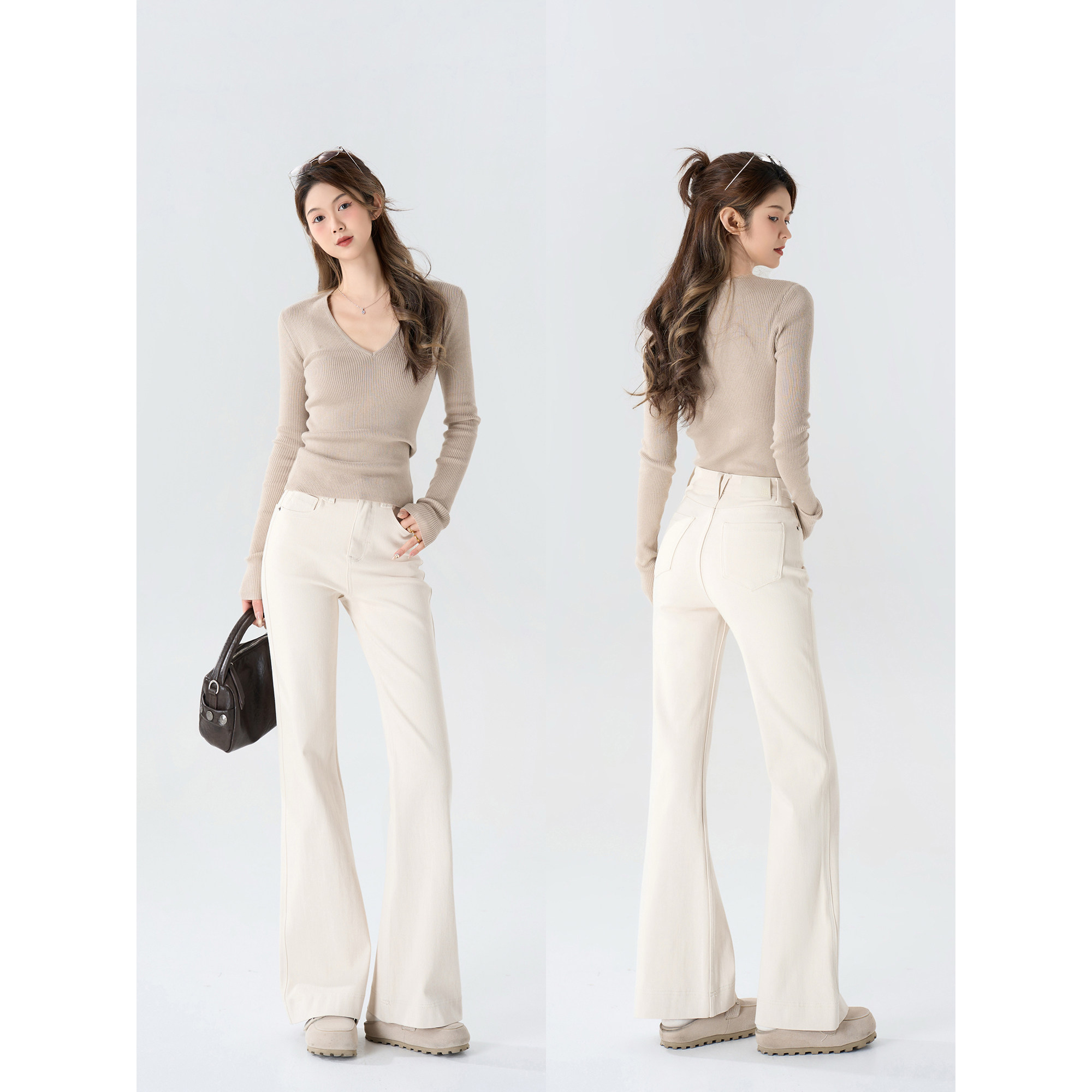 王家有鱼2026早春新款米白微喇裤女款时尚辣妹牛仔裤百搭显瘦裤子