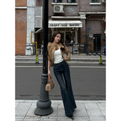 王家有鱼2025秋季 女 显瘦牛仔裤 新款 复古深蓝中高腰不贴腿微喇时尚